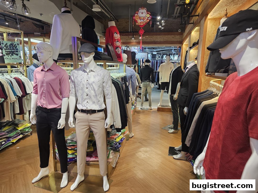 Mannequins display stylish men's fashion in a well-lit clothing store.