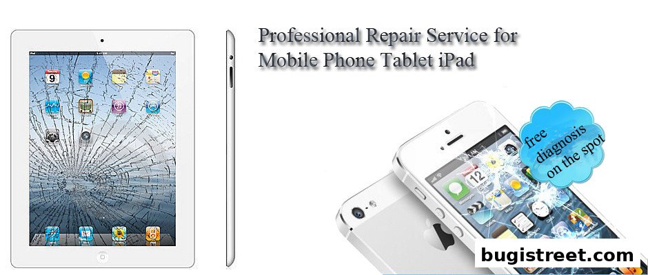 An iPad and iPhone with cracked screens, advertising professional repair services.