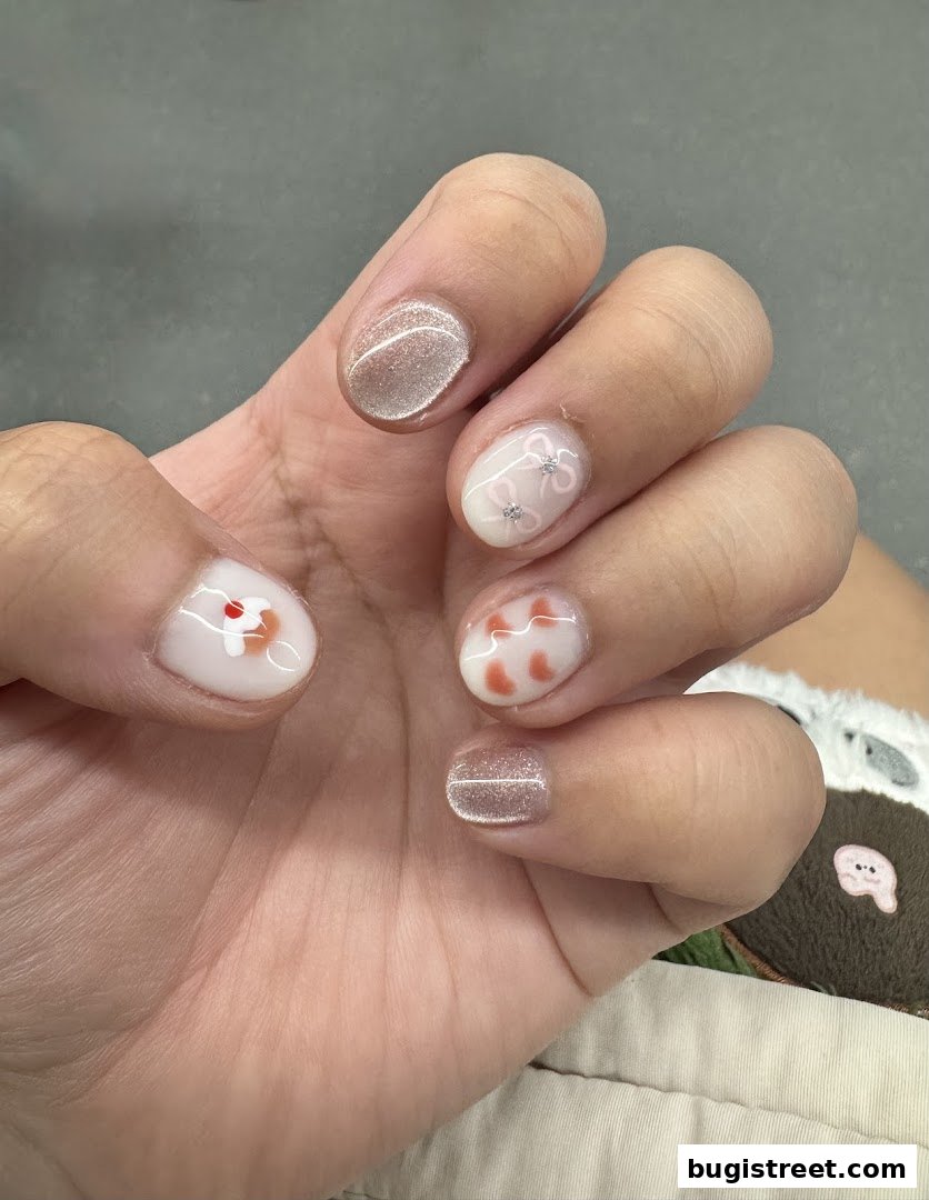 A close-up of a hand with beautifully decorated nails featuring floral and heart designs.
