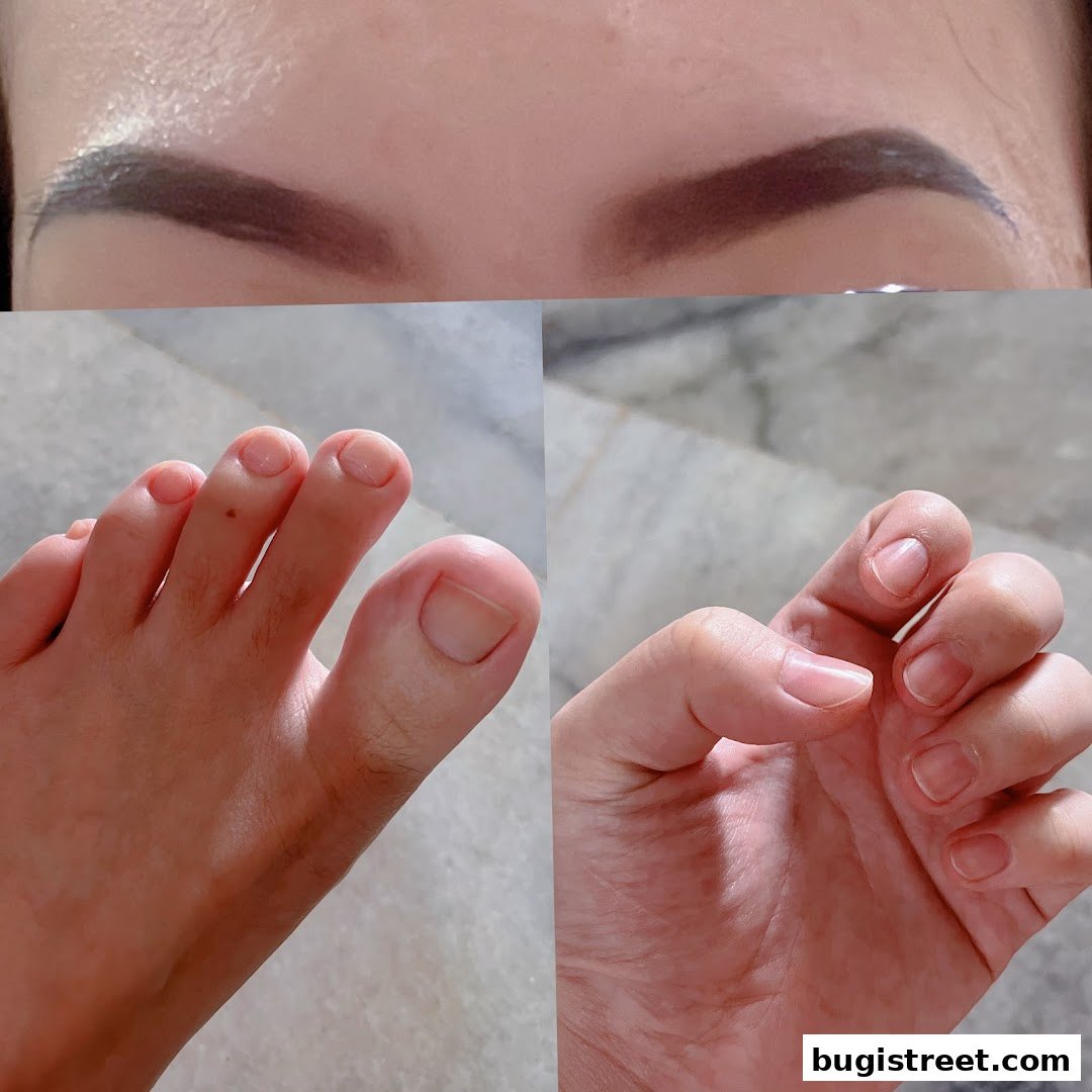 A collage showing groomed eyebrows, a foot with clean toenails, and a hand with clean fingernails.