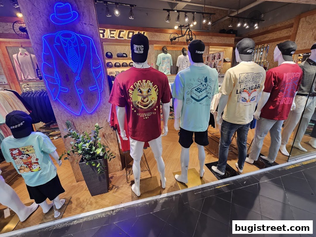 Mannequins display graphic t-shirts and caps inside a clothing store.