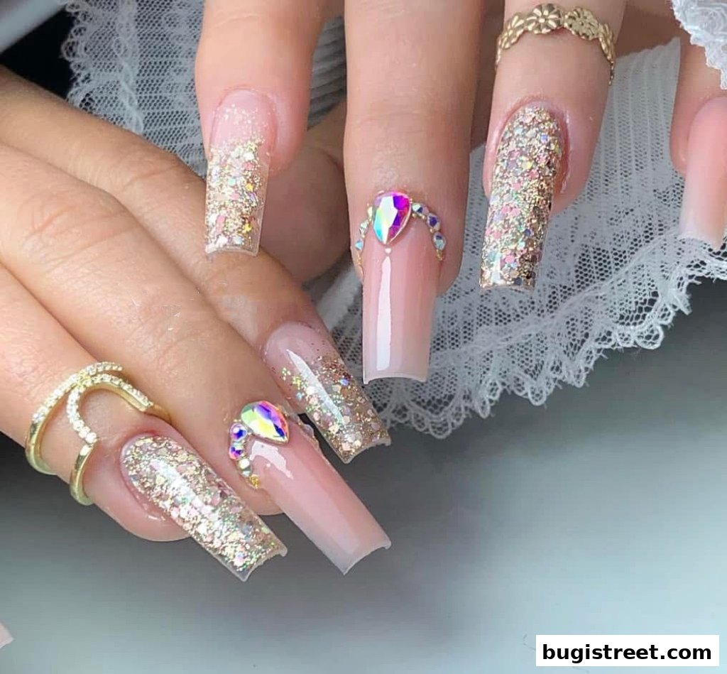Close-up of hands with elaborate, sparkling acrylic nails adorned with rhinestones.