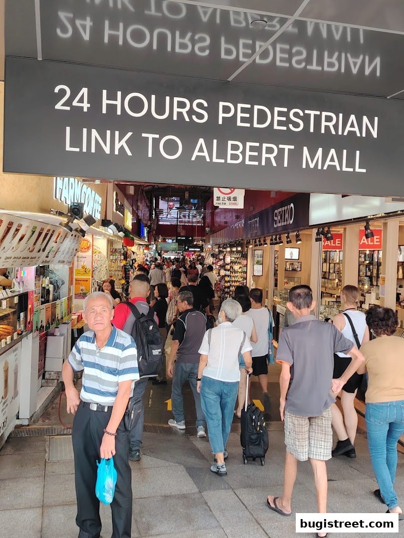People walking through a busy pedestrian link with shops on either side.