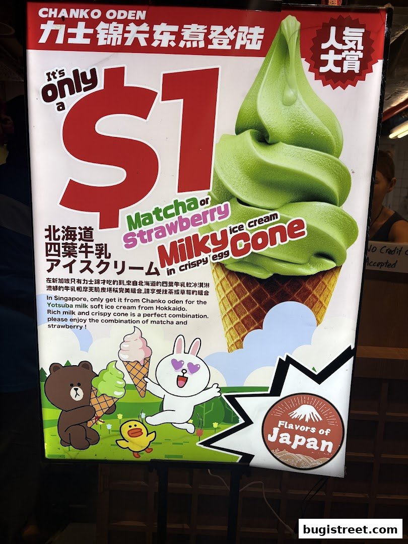 A promotional sign for Chanko Oden's $1 ice cream cones, featuring matcha and strawberry flavors.