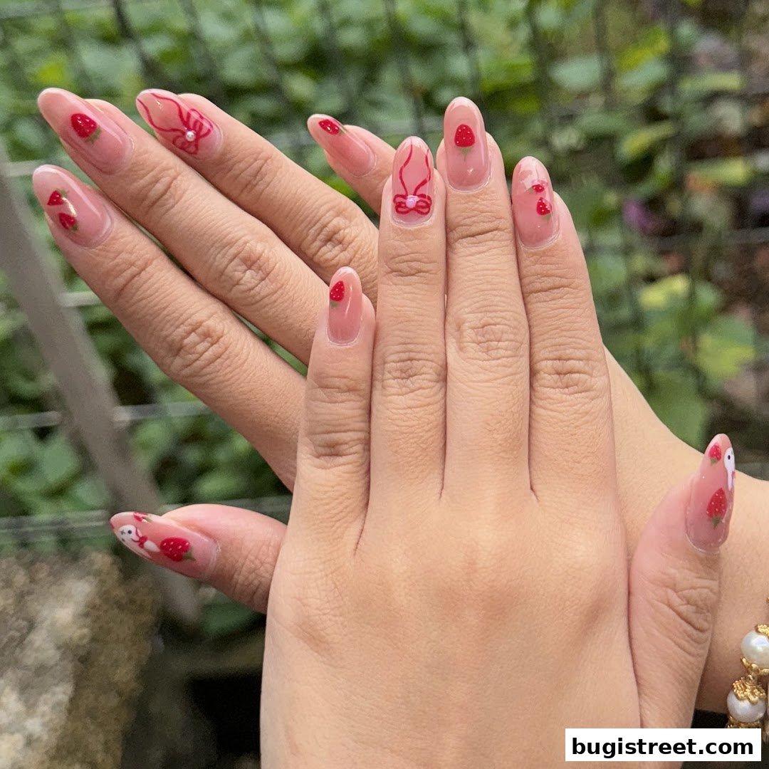 Close-up of hands with clear gel nails featuring strawberry and bow designs.