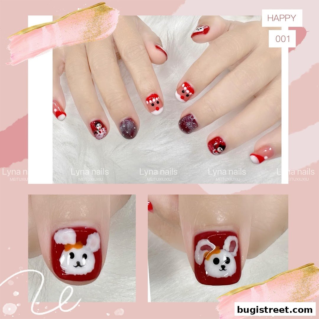Close-up of festive holiday-themed nail art featuring Santa and a bunny.