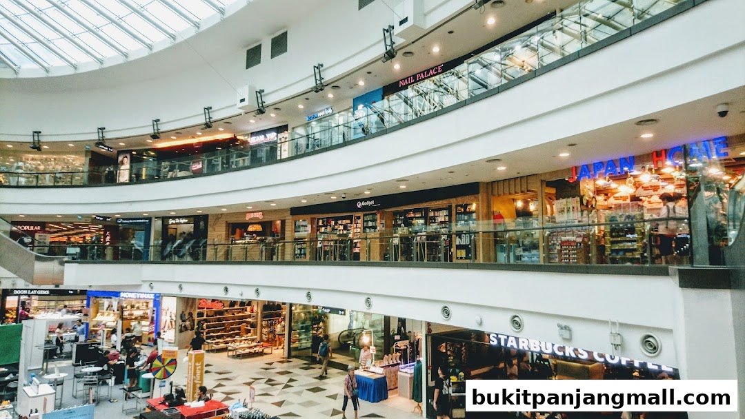 Interior view of a multi-level shopping mall with various shops and escalators.