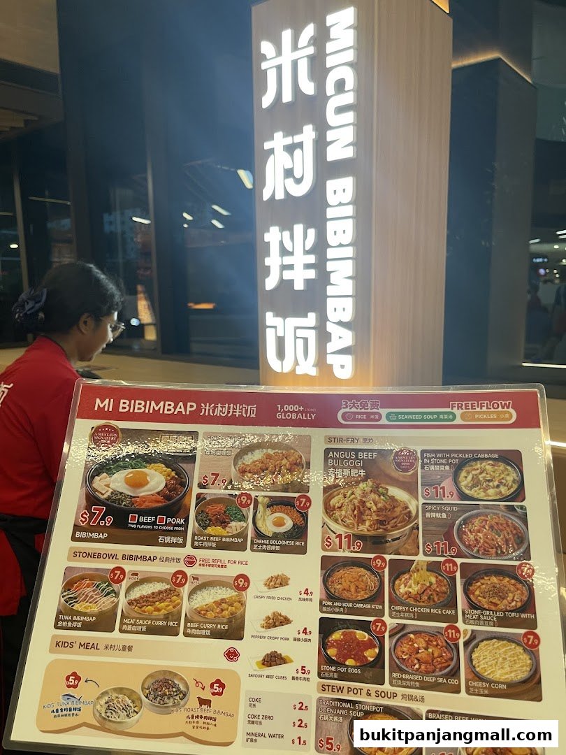 A menu board for Micun Bibimbap, showcasing various Korean dishes with prices and images.