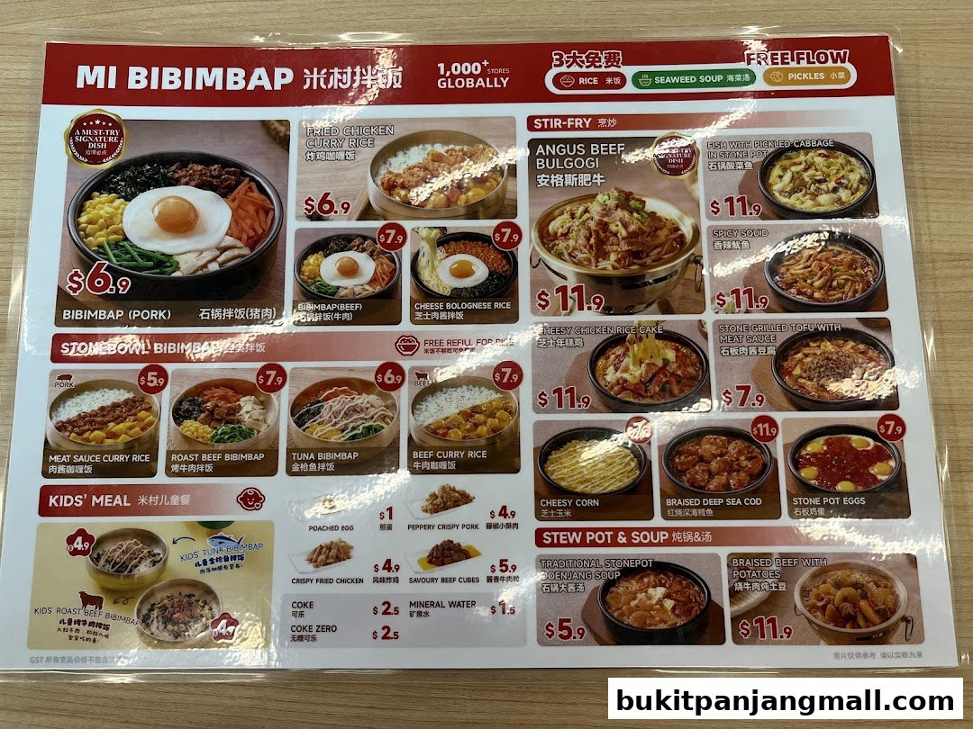 A menu from Mi Bibimbap featuring various Korean dishes with images and prices.