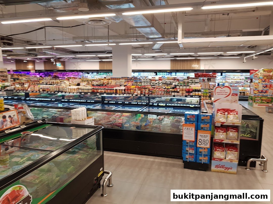Interior view of a well-stocked supermarket with aisles of chilled and frozen foods.