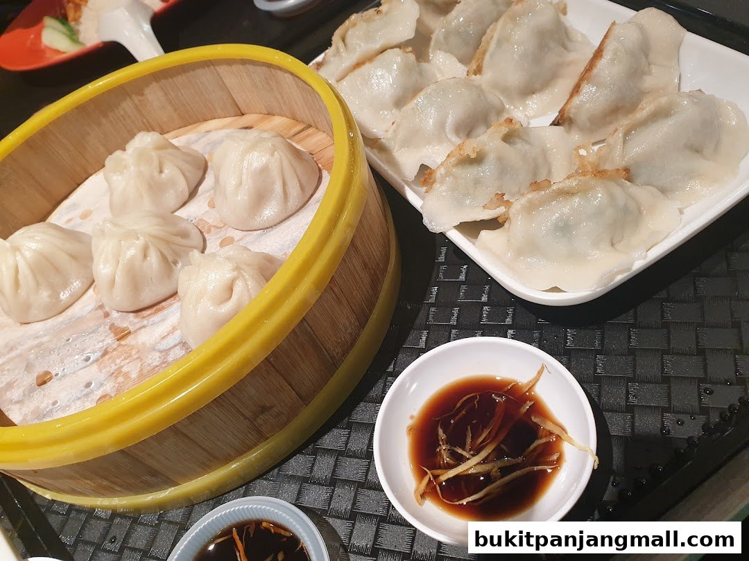 A close-up shot of delicious steamed dumplings and pan-fried dumplings with dipping sauce.
