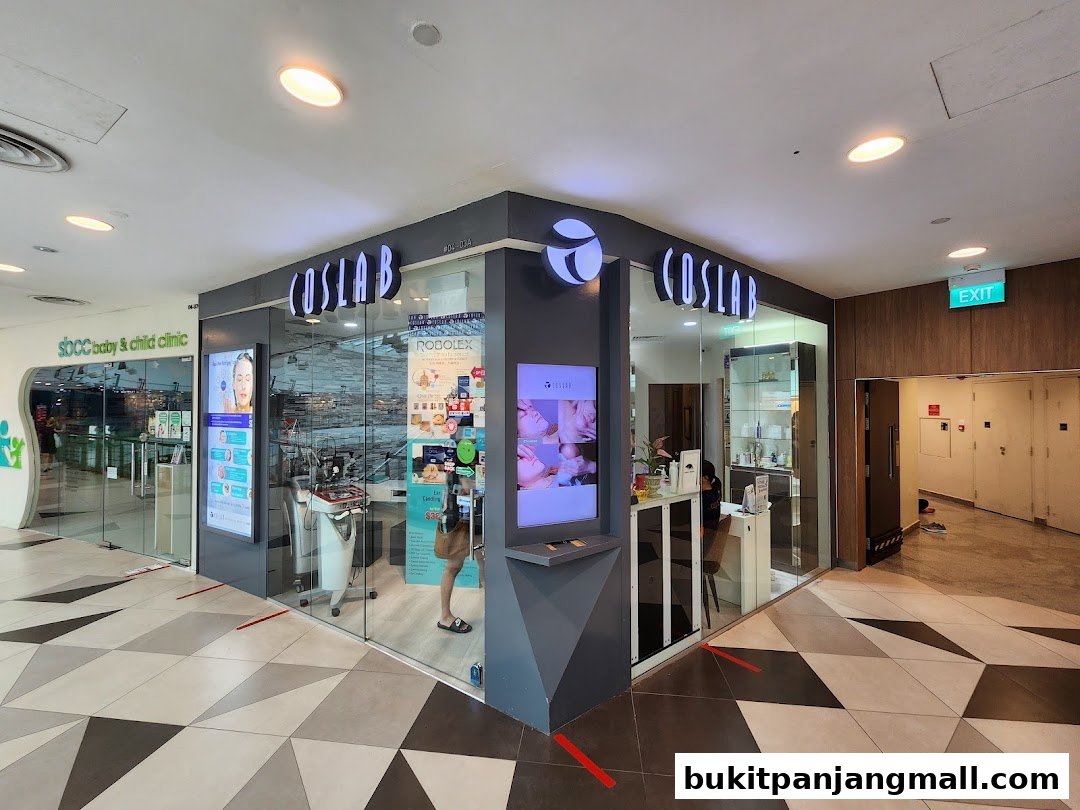 The exterior of Coslab Beauty Spa, a modern beauty salon with glass windows and prominent signage.