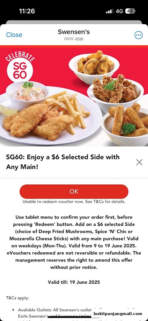 A promotional image for Swensen's SG60 offer, featuring various fried food items and a discount on selected sides.