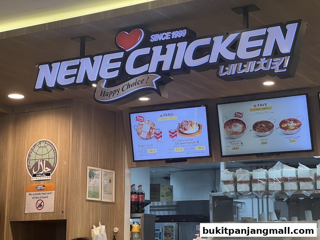 NeNe Chicken shop front with menu displays and a Halal certification.