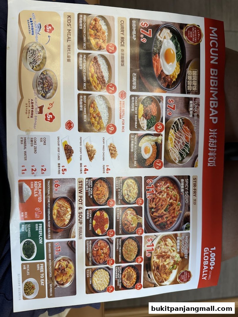 A menu from Micun Bibimbap featuring various Korean dishes with images and prices.