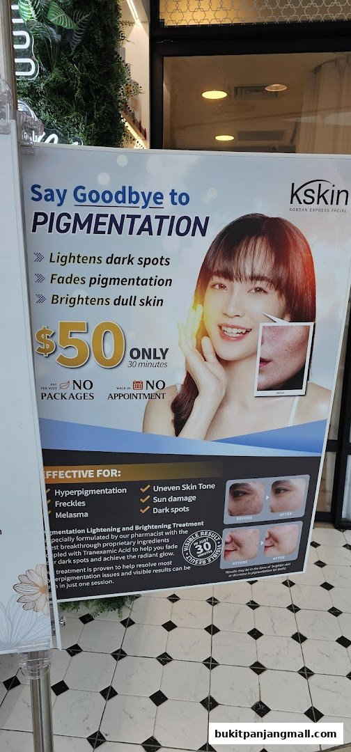 A promotional poster for Kskin Korean Express Facial, advertising a pigmentation treatment.