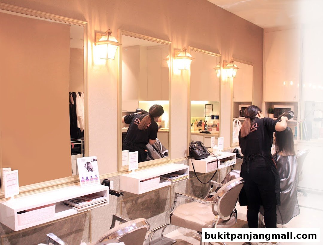 A stylist drying a client's hair in a modern salon with mirrors and stylish lighting.