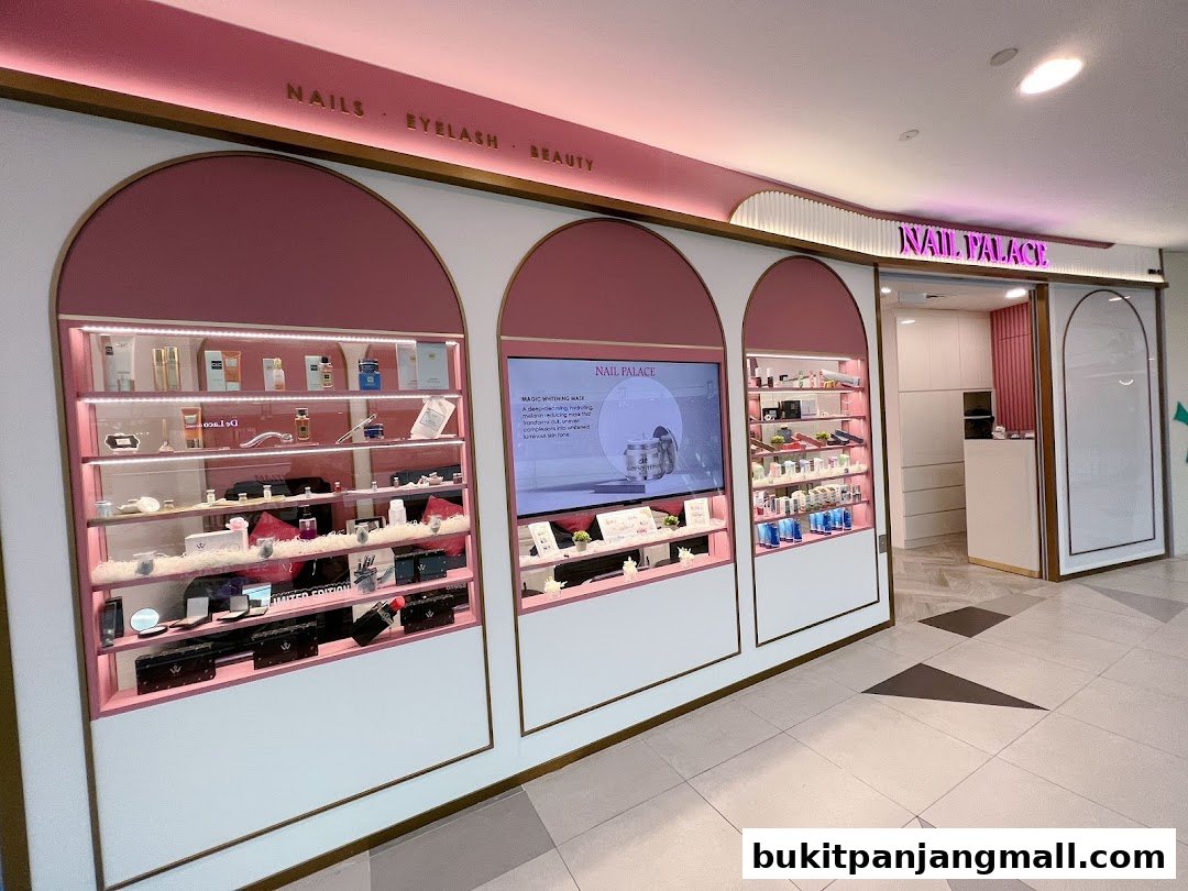 The exterior of Nail Palace, showcasing display shelves with beauty products and a digital screen.