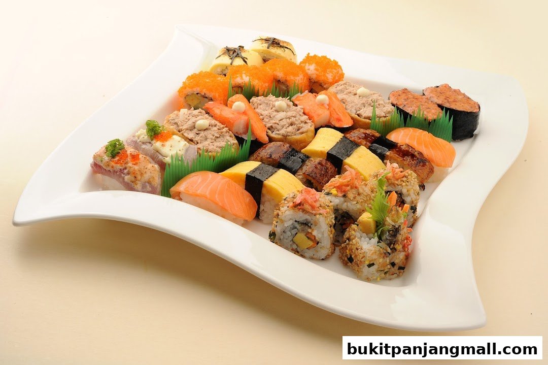 A platter of assorted sushi and maki rolls arranged on a white wavy plate.