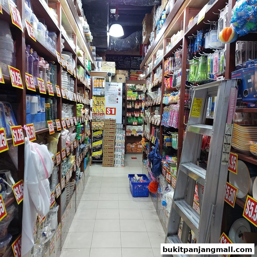 Aisle of a retail store with shelves stocked with various household items and products.