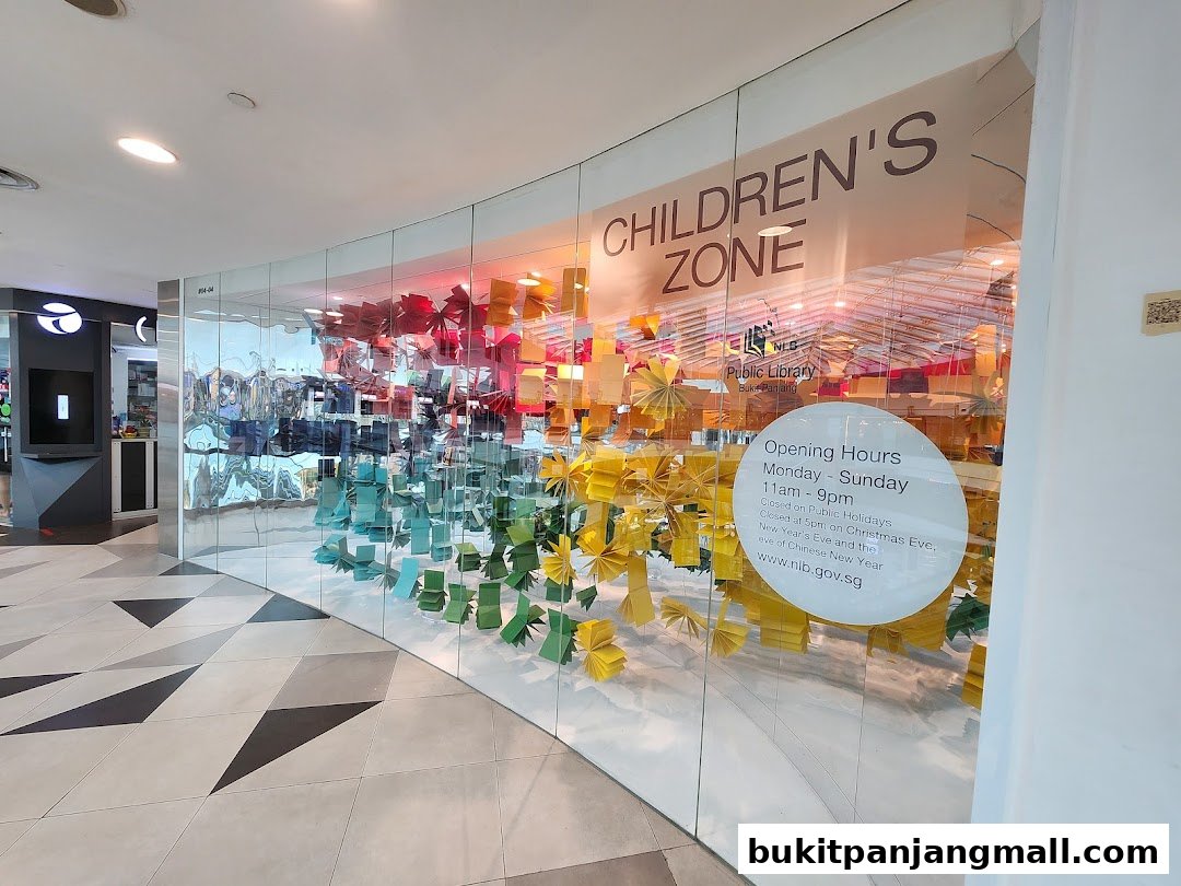 The entrance to the Bukit Panjang Public Library's Children's Zone, featuring colorful paper decorations.