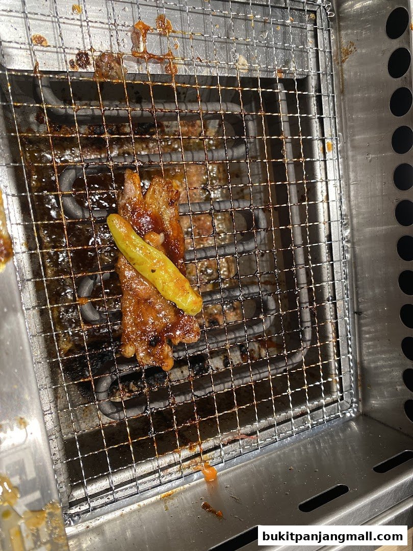 A piece of grilled meat with a pepper on a barbecue grill.