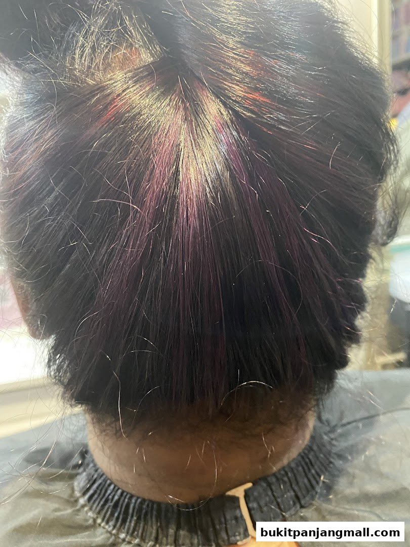 A close-up view of a person's dark hair with subtle purple and red highlights.