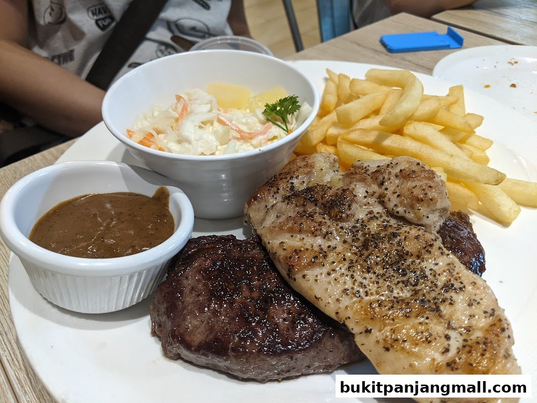 A plate of steak, grilled chicken, fries, coleslaw, and gravy.