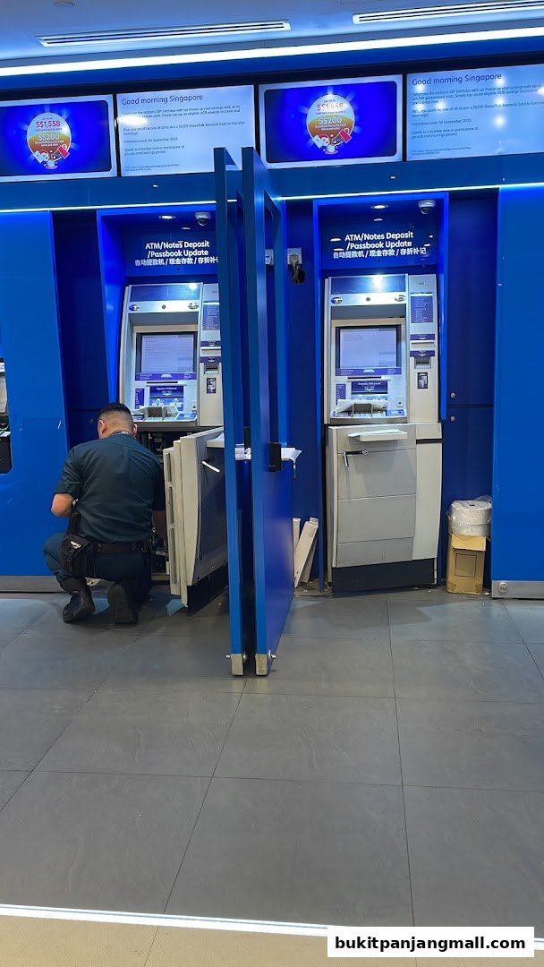 A technician works on an ATM machine at a UOB bank branch.