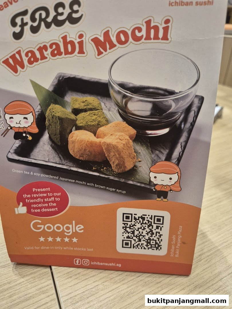 A promotional flyer for Ichiban Sushi offering free Warabi Mochi with a Google review.
