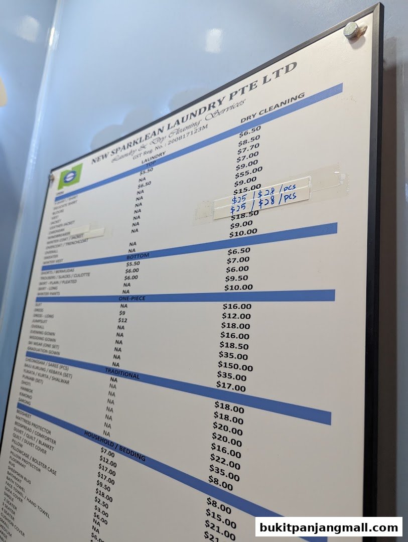 A price list for laundry and dry cleaning services from New Sparklean Laundry.