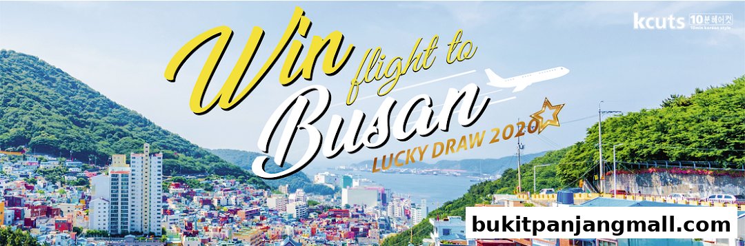 A promotional banner for kcuts featuring a lucky draw to win a flight to Busan.