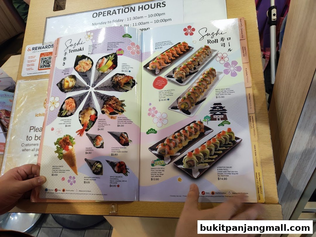 A menu showcasing various sushi temaki and sushi rolls with prices and descriptions.