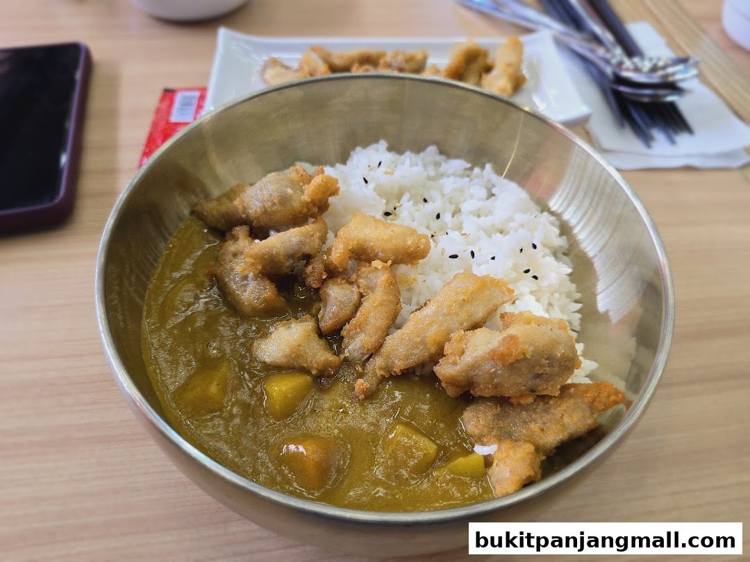 A close-up of a delicious Korean curry with rice and fried chicken.