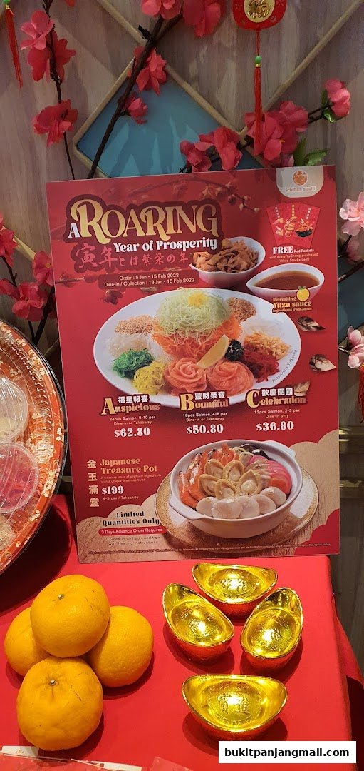 A festive promotion for Ichiban Sushi featuring Chinese New Year dishes and decorations.