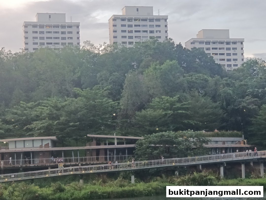 A modern library building with a walkway, surrounded by lush greenery and residential towers.