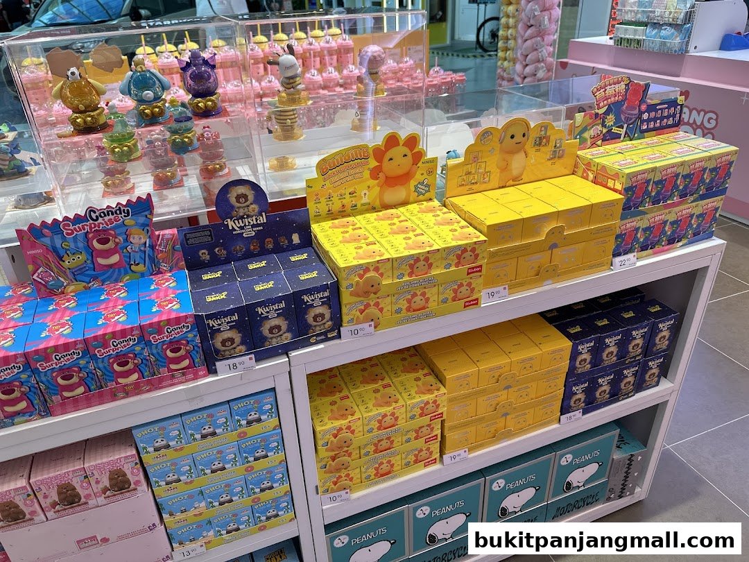 A retail display featuring various blind box toys and collectible items, including characters from popular franchises.