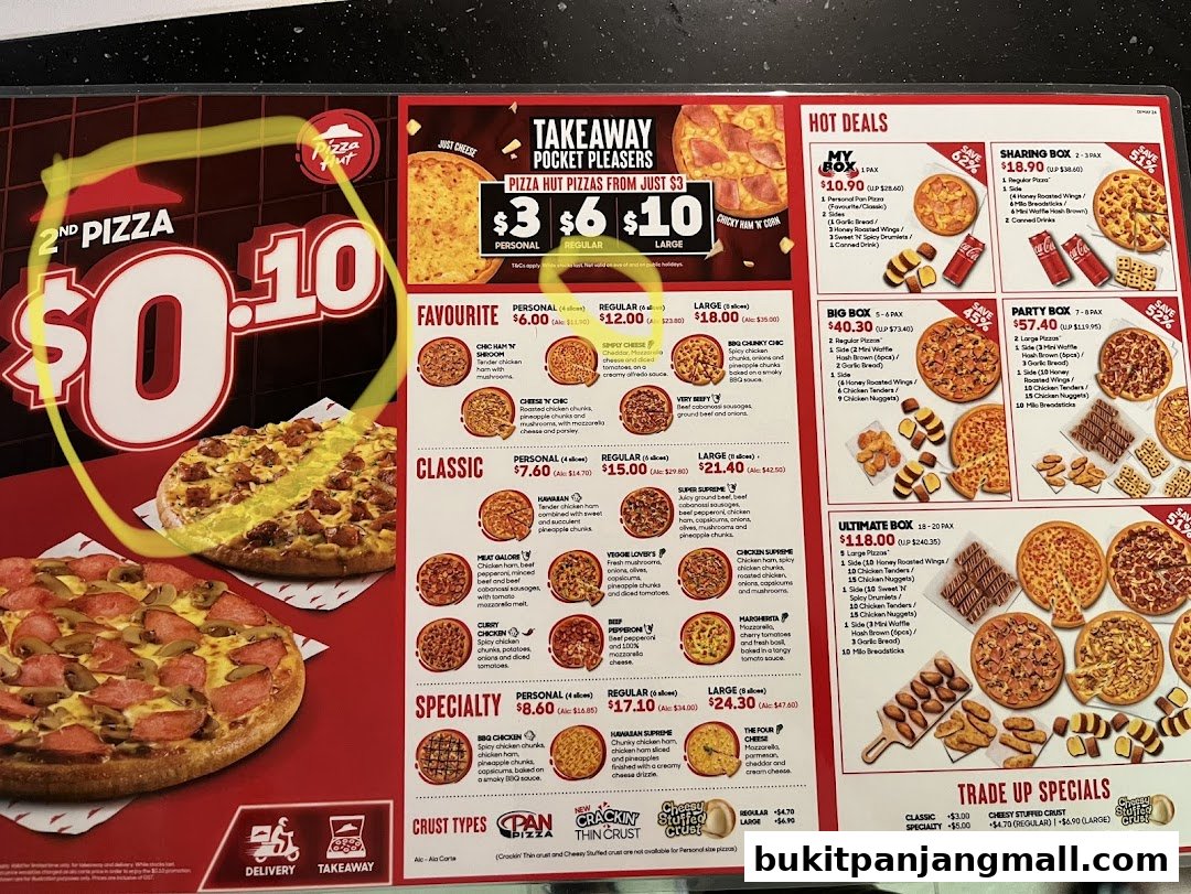 A Pizza Hut menu featuring various pizza deals, hot deals, and specialty pizzas.