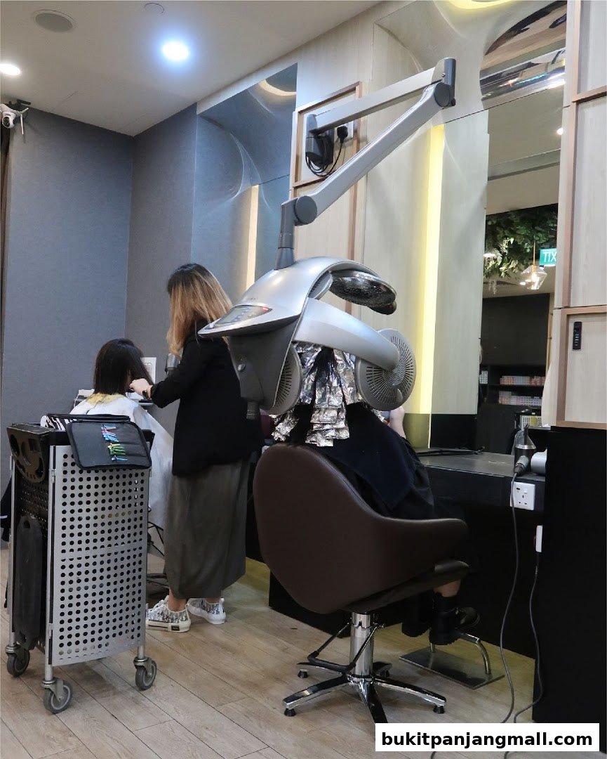 A hair salon interior with a client receiving hair treatment under a dryer.