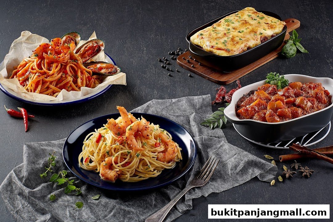 A spread of delicious pasta dishes and a baked casserole, beautifully presented.