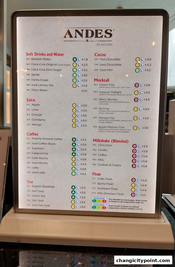A menu board displaying drinks and their prices from ANDES by ASTONS.