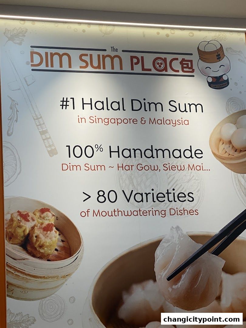 A sign for The Dim Sum Place highlighting #1 Halal Dim Sum, 100% handmade, and over 80 varieties.