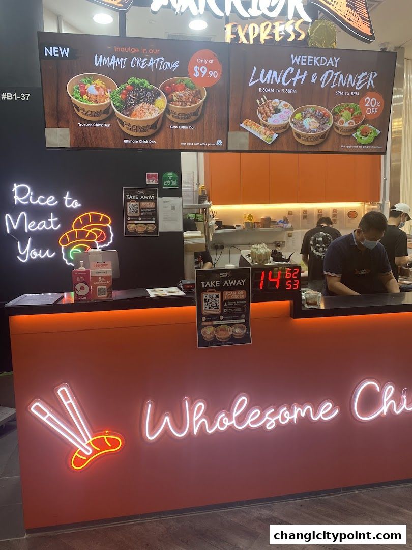 Salmon Warrior Express shop front with neon signs and digital menu displays.