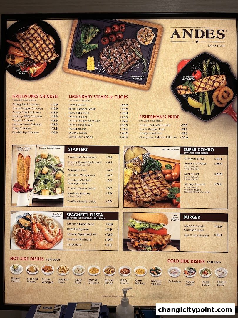 A menu from ANDES by ASTONS featuring grilled meats, seafood, pasta, and burgers.