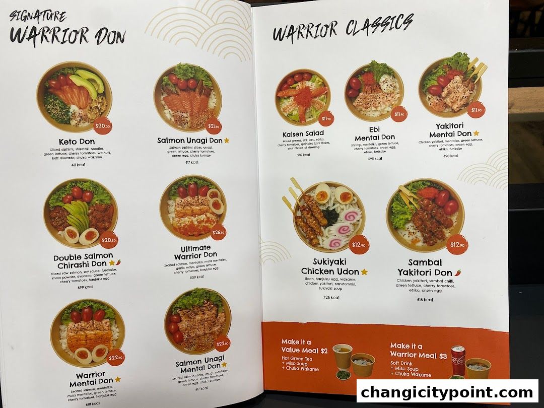 A menu from Salmon Warrior Express featuring various donburi bowls and udon.