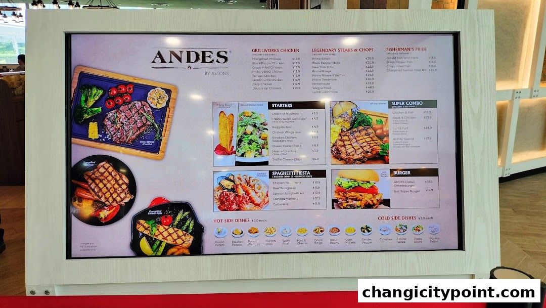 A digital menu board displaying various grilled chicken, steak, seafood, pasta, and burger options.