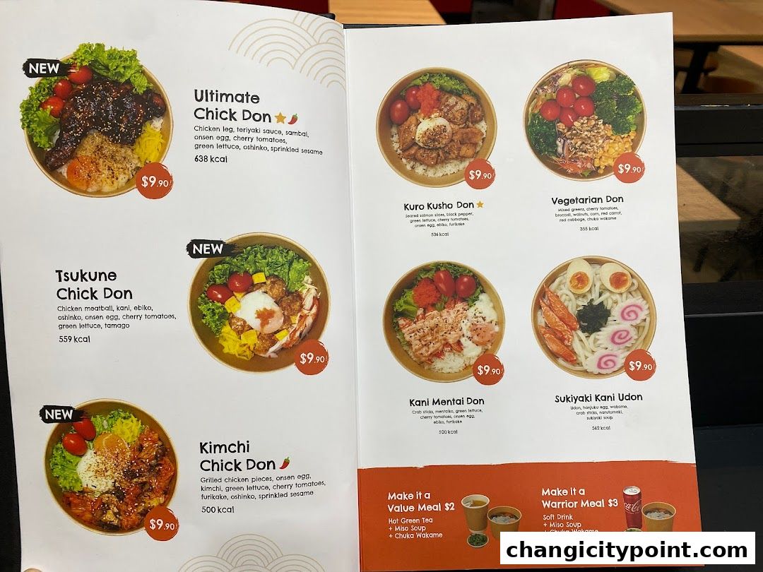 A menu page from Salmon Warrior Express featuring various donburi and udon dishes.