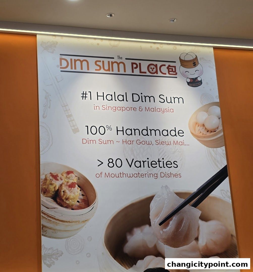 A banner advertising The Dim Sum Place, highlighting #1 Halal Dim Sum, handmade items, and over 80 varieties.