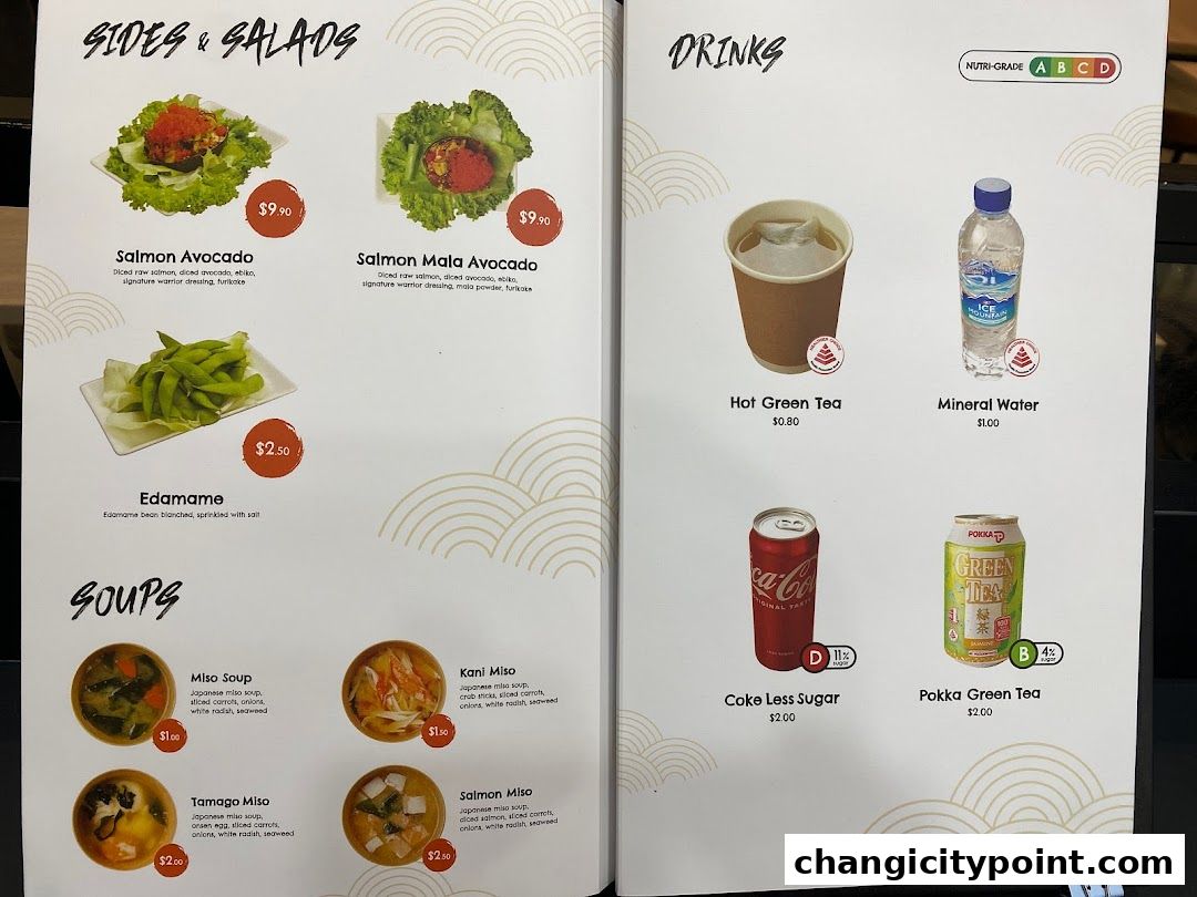 A menu from Salmon Warrior Express featuring sides, salads, soups, and drinks.