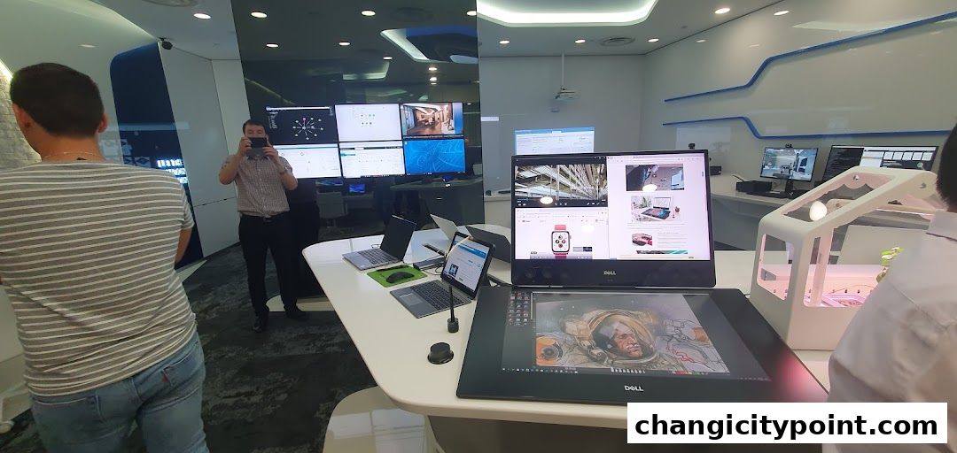 Interior of a Dell Technologies store showcasing various computer displays and laptops.